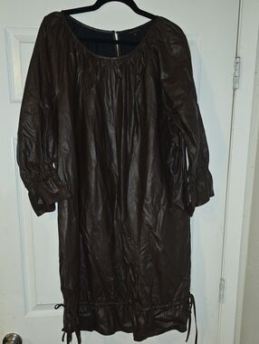 Buxom Dark Brown Faux Leather Long Sleeve Peasant Dress